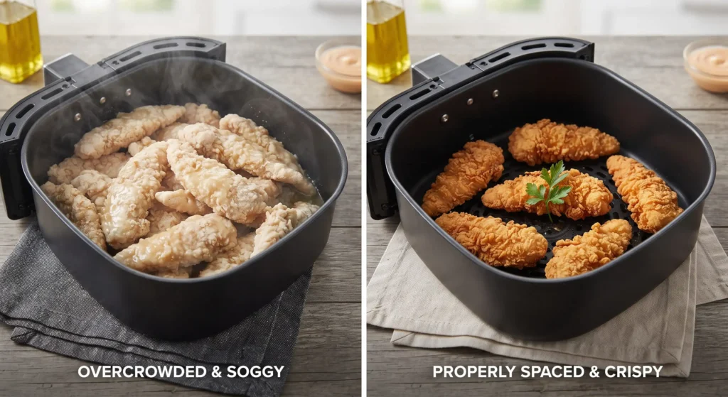 Comparison of overcrowded soggy tenders versus properly spaced crispy air fryer tenders
