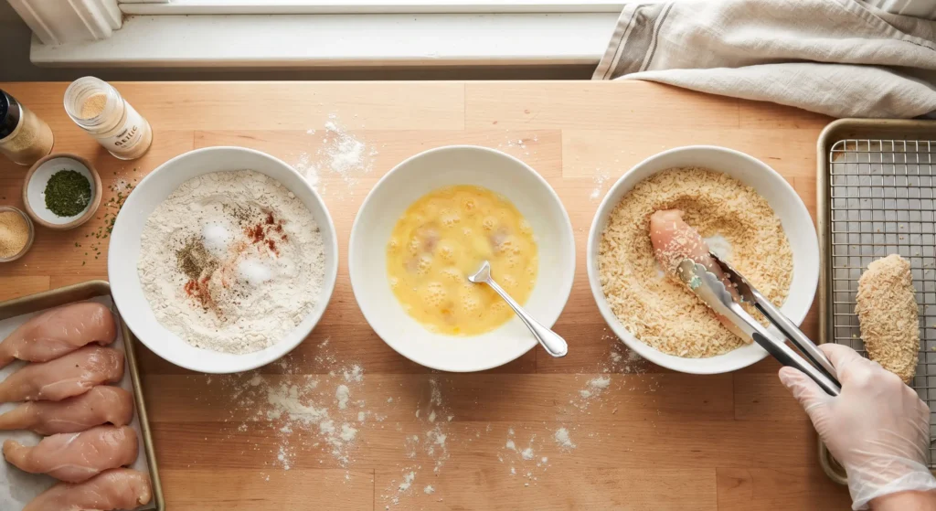 Three bowl breading station setup for coating chicken tenders with panko