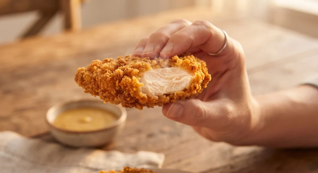 Close up of air fryer chicken tender bitten open showing juicy interior