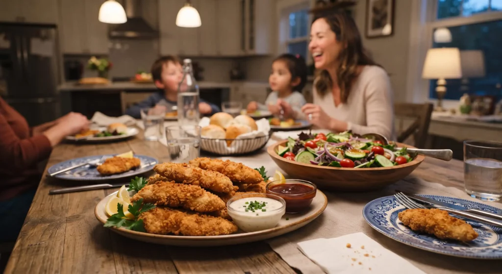 Crispy air fryer chicken tenders served with dipping sauce and salad