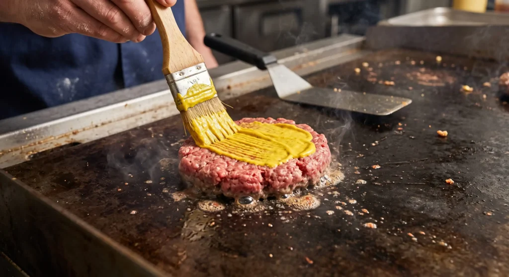A high-angle photograph of a gourmet burger on a dark wooden cutting board, with melted cheese, crispy onions, arugula, and truffle aioli, served with a basket of golden rosemary fries and smoky ketchup