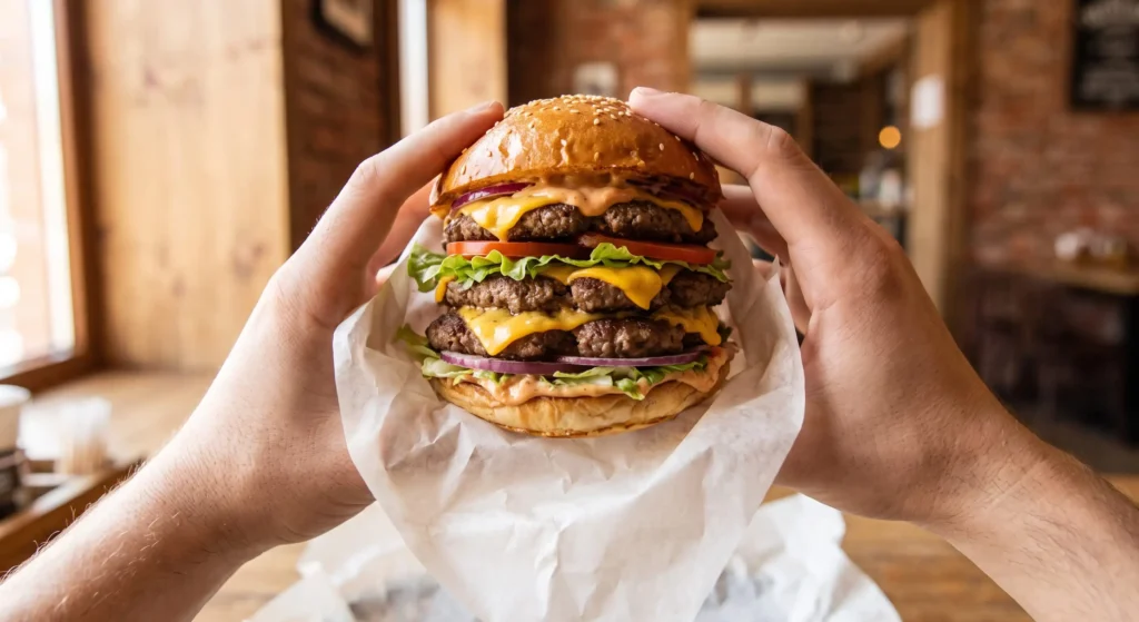 Two hands holding a giant, multi-layered cheeseburger with beef patties, melted cheese, lettuce, tomato, red onion, and sauce, wrapped in white paper inside a rustic restaurant.