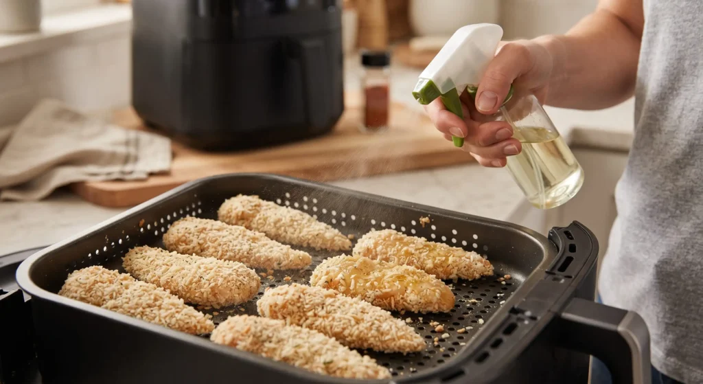 Spraying oil on breaded chicken tenders before air frying for crispy texture