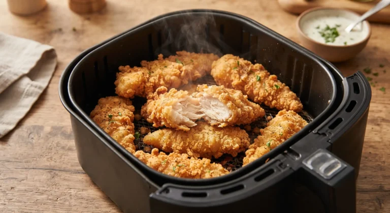 Crispy air fryer copycat chicken tenders in basket with juicy interior visible
