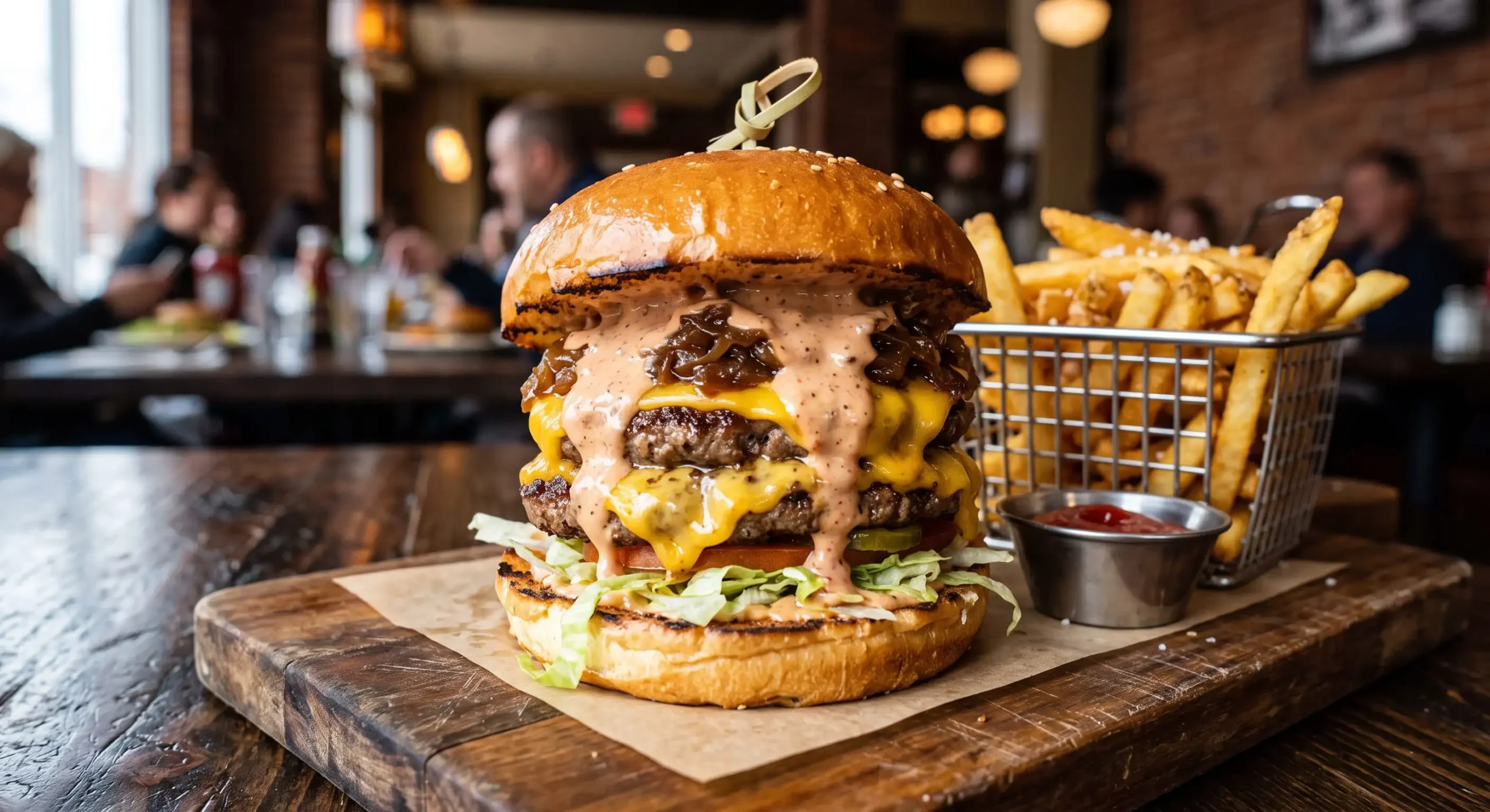 A mouth-watering, close-up photograph of a double cheeseburger featuring two beef patties, melted American cheese, caramelized onions, and a generous amount of secret sauce dripping down the sides